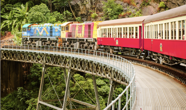 A train on a track at Kuranda Scenic Railway, Cairns, Australia